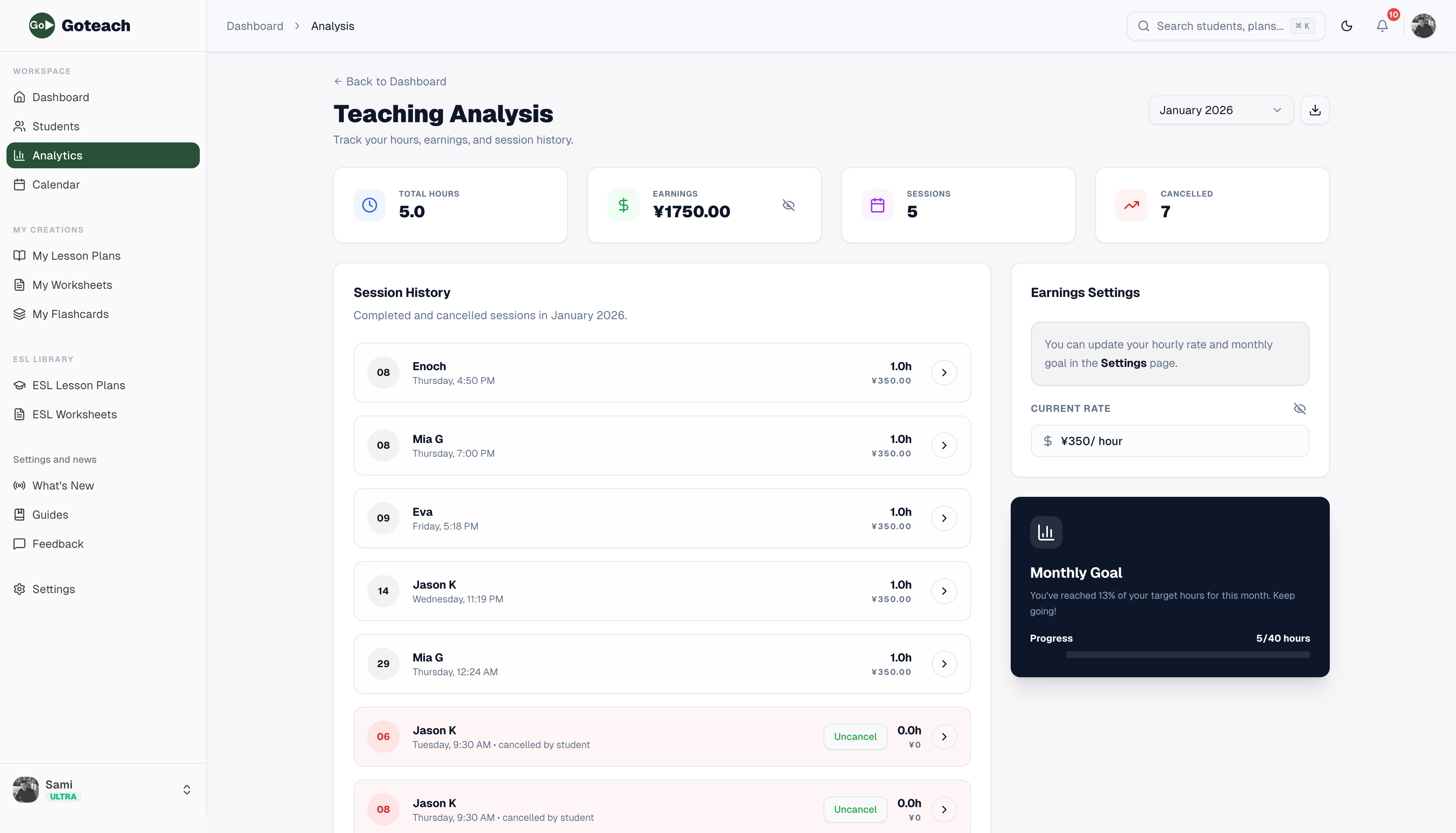 Teaching analysis dashboard with hours and earnings